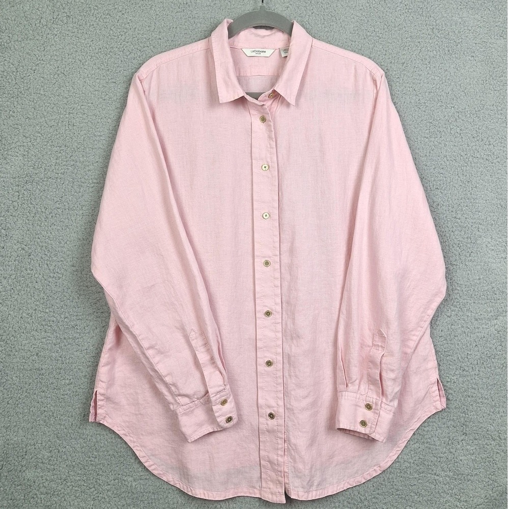 Liz Claiborne Shirt Womens XL Pink 100% Linen Button Up Coastal Minimalist
